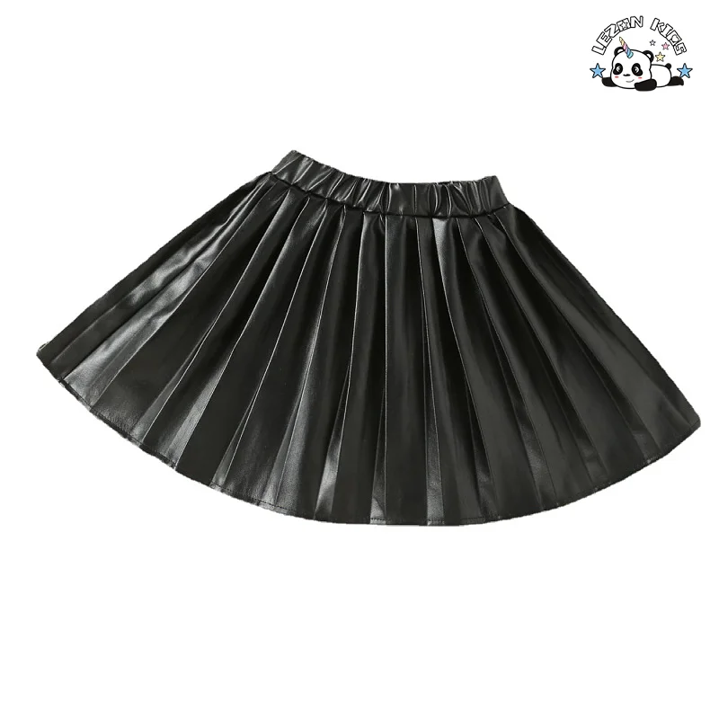 LEZONKIDS - Nova Chegada Saia Vermelha de Couro PU Preto de Verão para Meninas Saia Plissada de Cor Pura Saia Curta